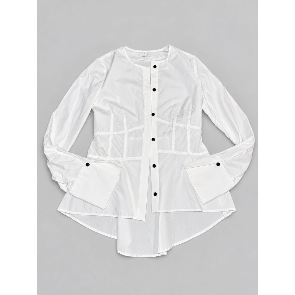 CO White Cotton Collarless Button Front Blouse XS Tailored Waist Foldover Cuffs